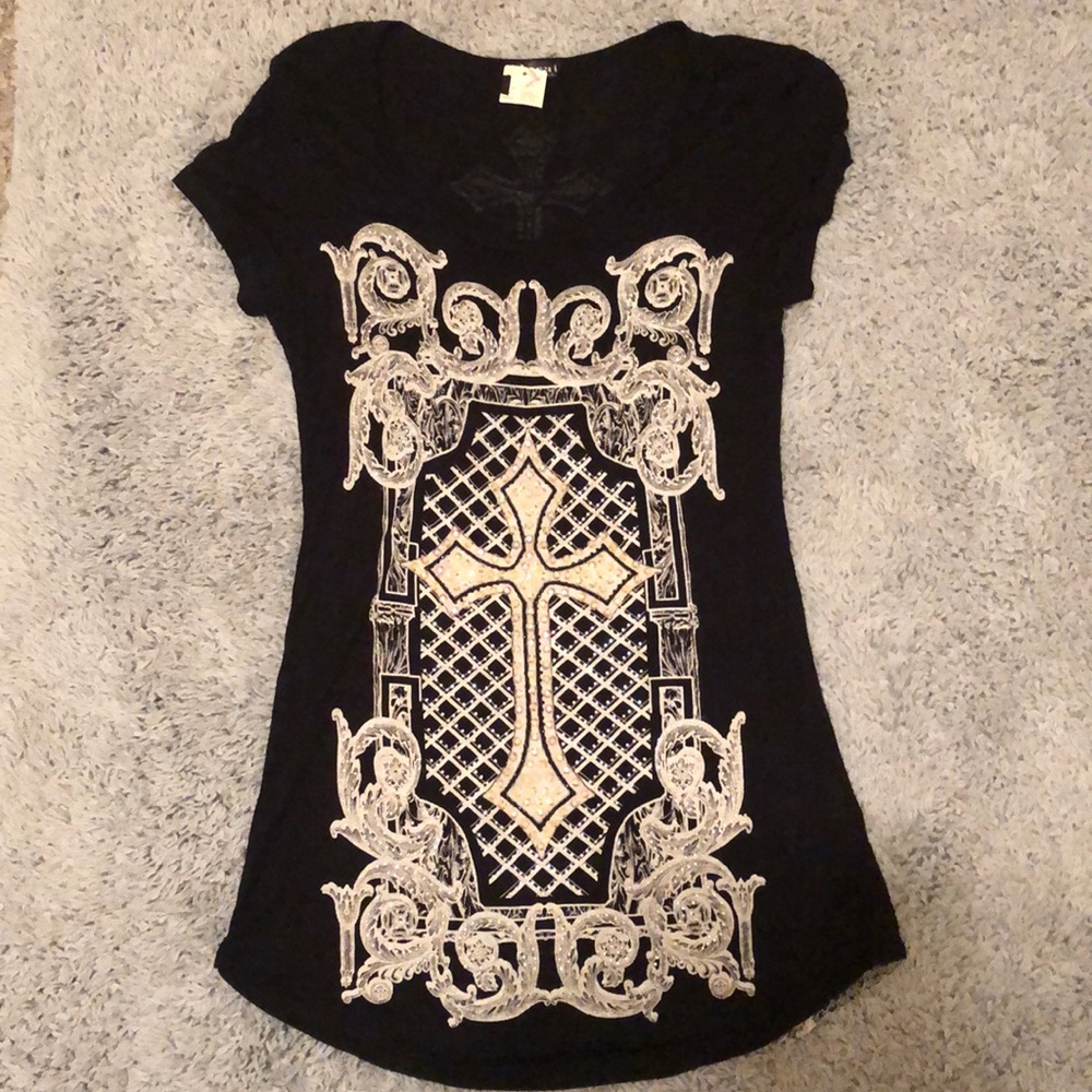 Black, Beaded, Lace Back Tee Shirt